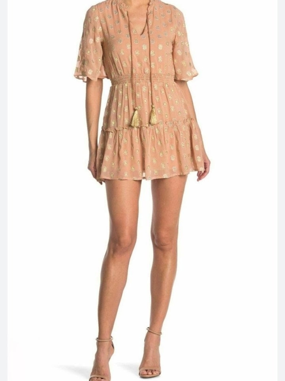 RAGA Blush Pink Gold-Accent Tiered Tassel Mini Dress